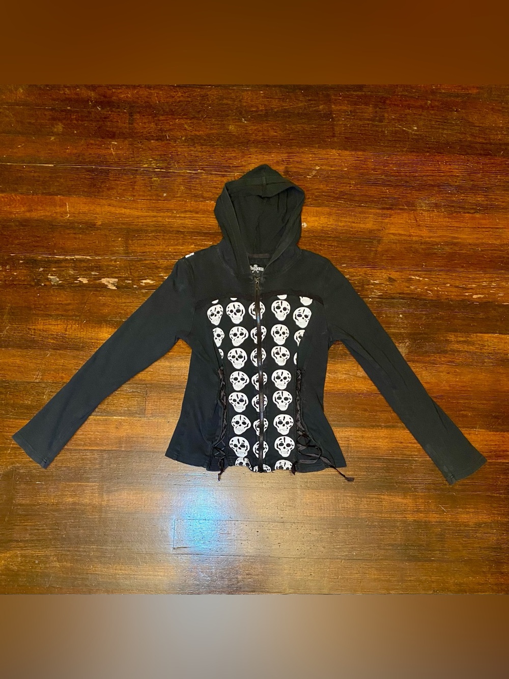 VGUC Royal Bones Tripp NYC Daang Goodman Black Skull-Print Corset Laced Hoodie